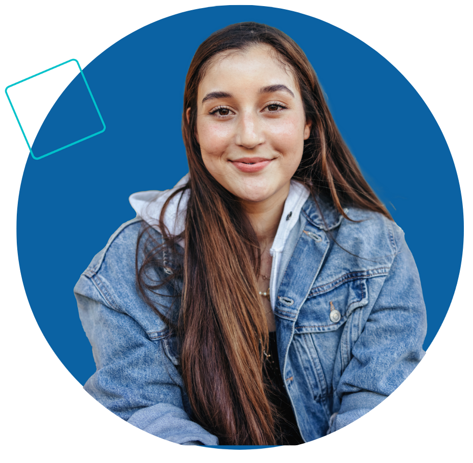 Smiling young women with blue circle background